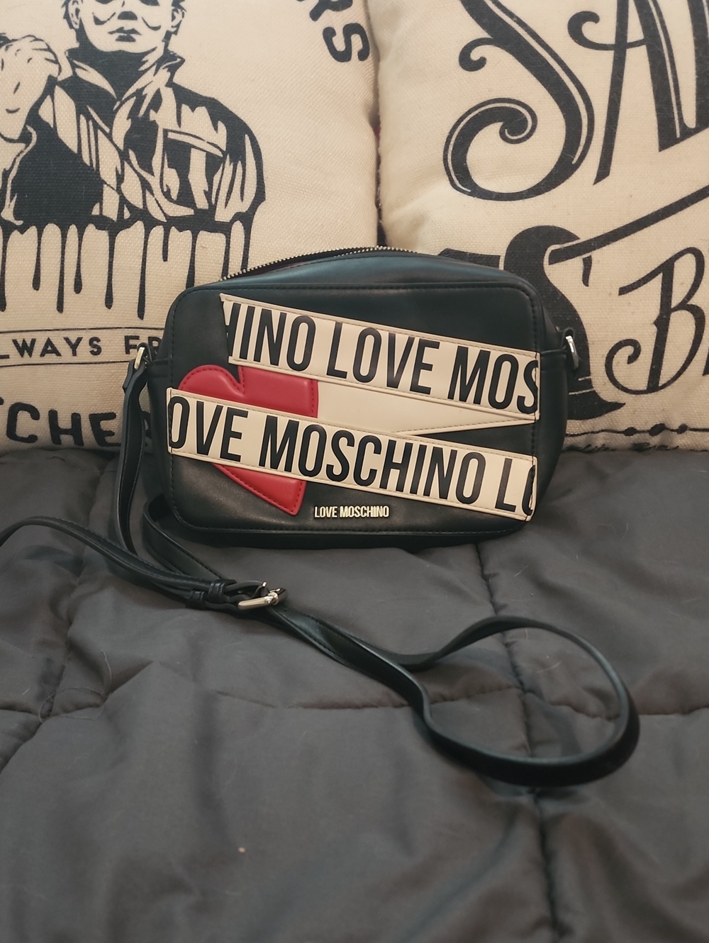 Moschino Black Crossbody with Red Heart and White Logo Bands
